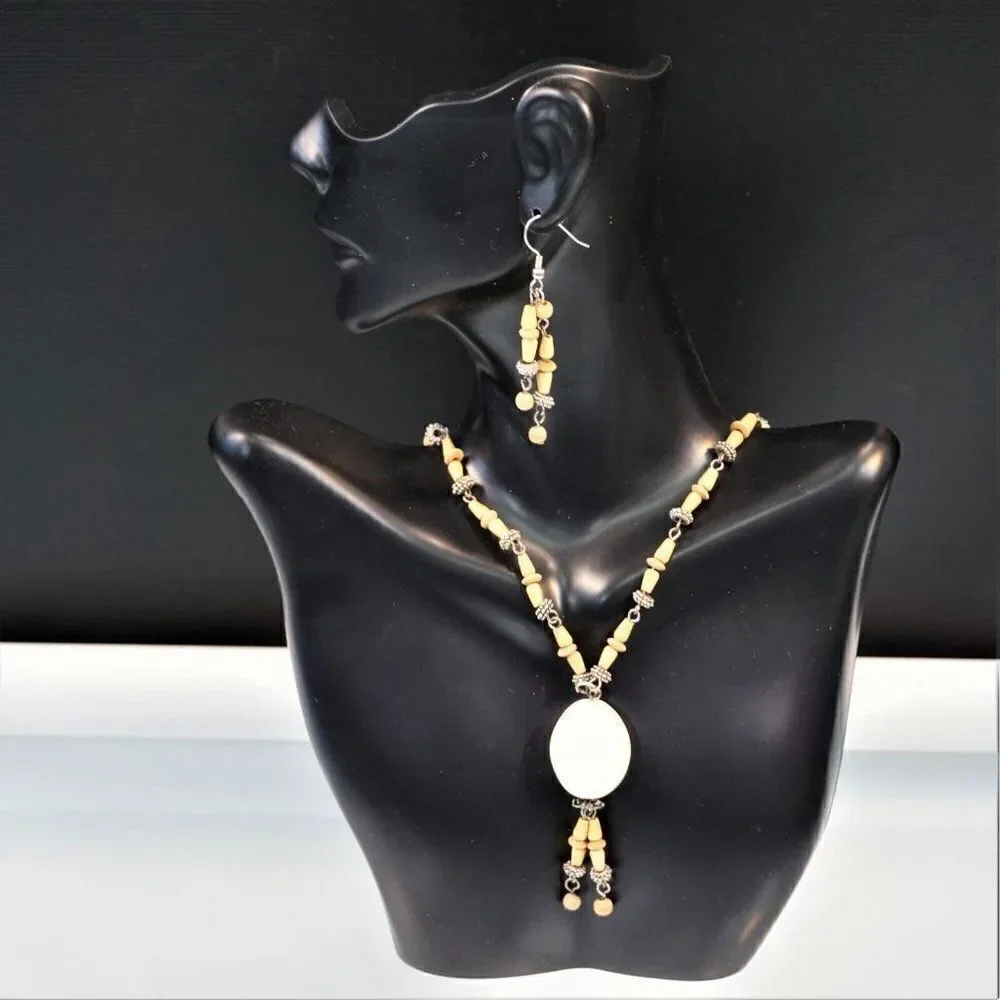 Boho Festival Necklace Earring Set Wood Silver Beads Christina Collection